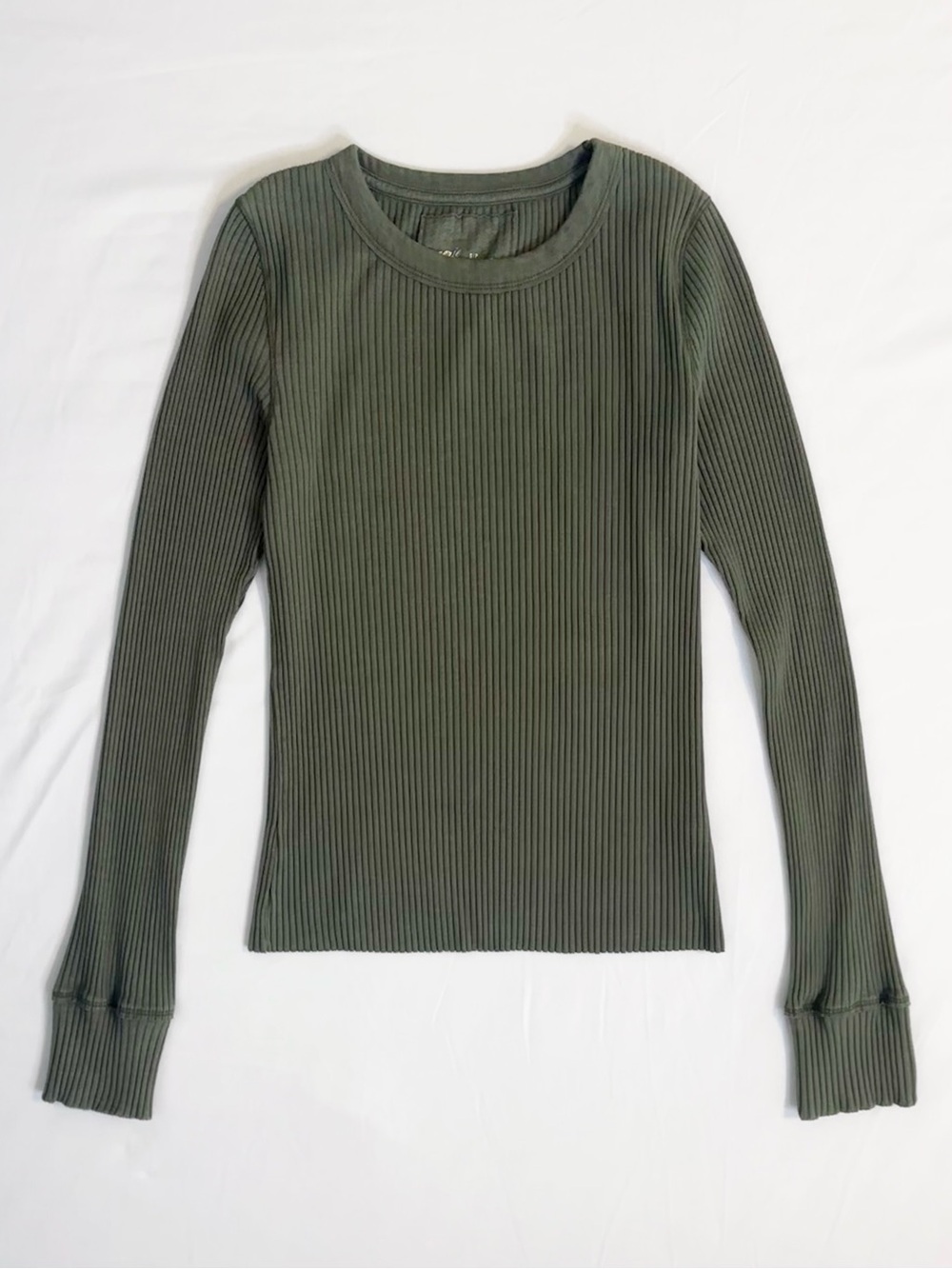 Aerie Ribbed Crew Neck Long Sleeve Olive Green Fitted Shirt Comfy Fall S